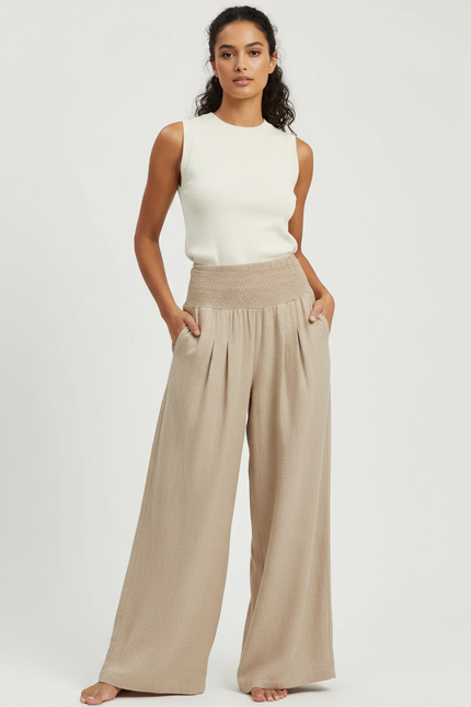 Pantalon Parachute Beige Ample Fluide Plissé Femme - Lin