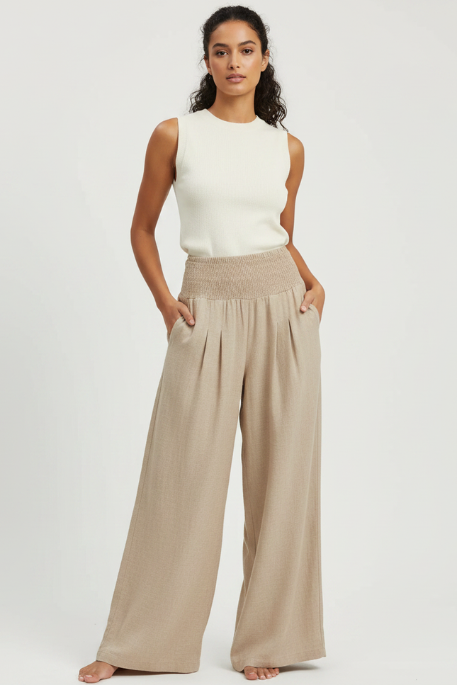 Pantalon Parachute Beige Ample Fluide Plissé Femme - Lin