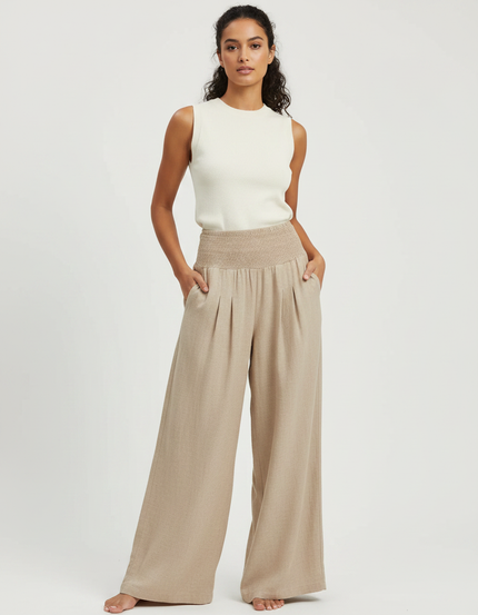 Pantalon Parachute Beige Ample Fluide Plissé Femme - Lin