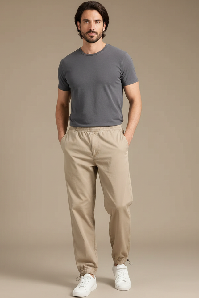 Pantalon Parachute Homme Beige Coton Ample Décontracté