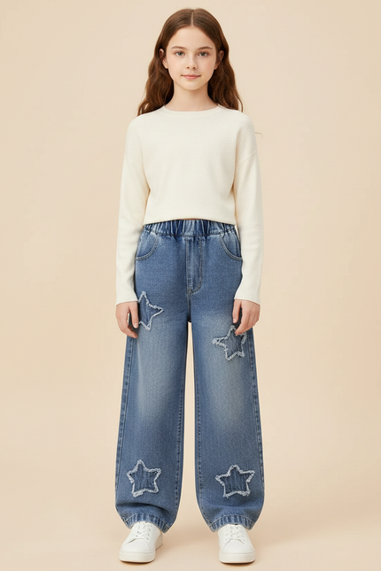 Pantalon Parachute Denim Étoiles Ample Fille Casual - Bleu Jean