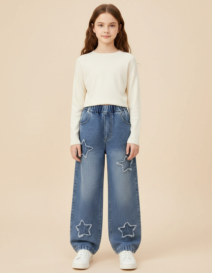 Pantalon Parachute Denim Étoiles Ample Fille Casual - Bleu Jean
