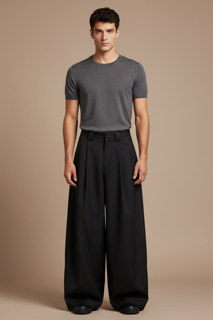 Pantalon Parachute Noir Ample Plissé Homme Décontracté - Polyester