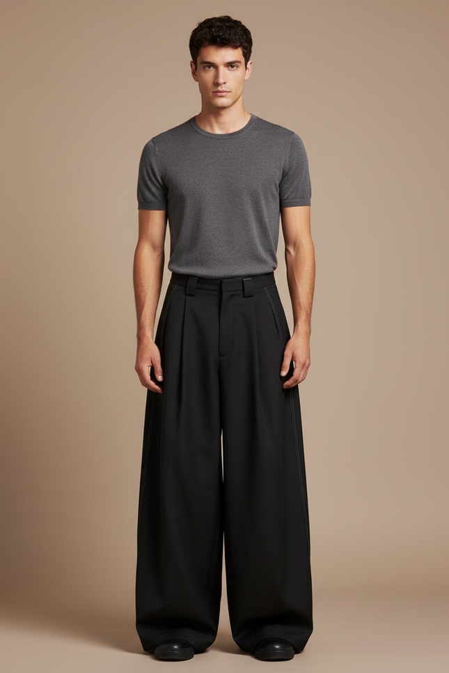 Pantalon Parachute Noir Ample Plissé Homme Décontracté - Polyester