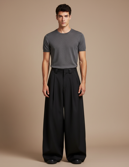Pantalon Parachute Noir Ample Plissé Homme Décontracté - Polyester