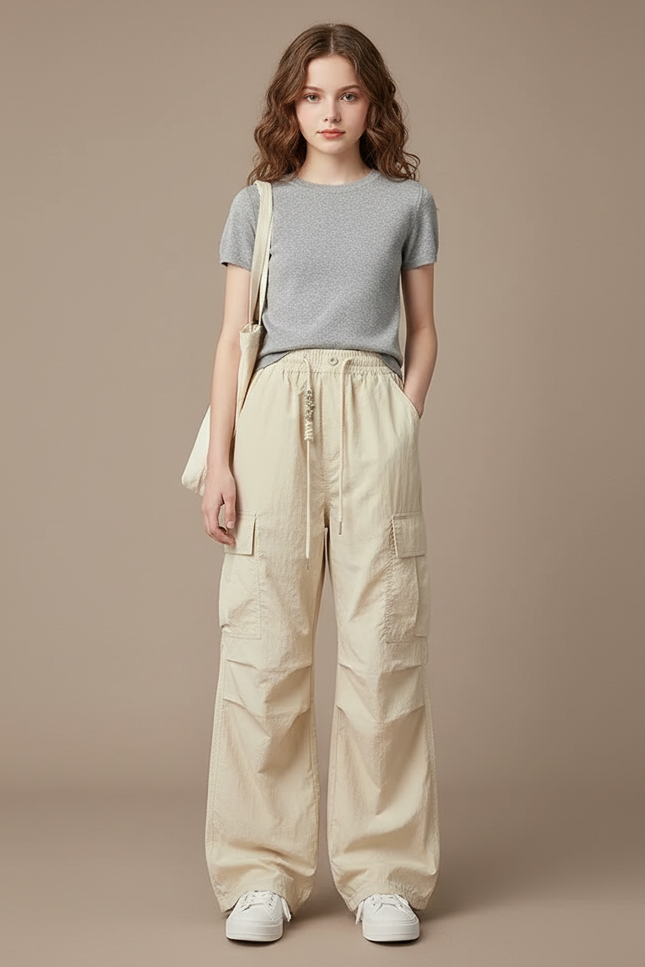 Pantalon Parachute Beige Ample Cargo Décontracté Fille - Polyester