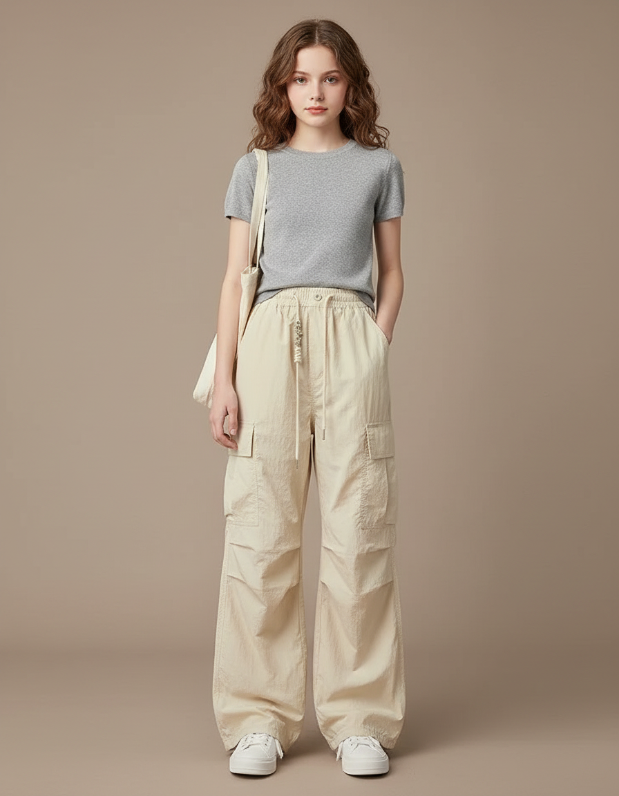 Pantalon Parachute Beige Ample Cargo Décontracté Fille - Polyester