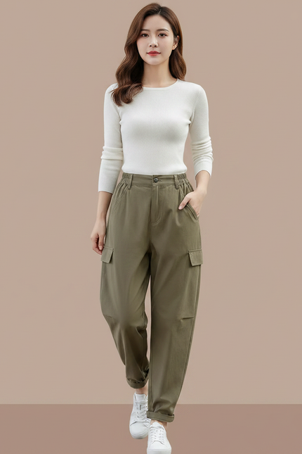 Pantalon Parachute Kaki Cargo Ample Femme Décontracté - Toile