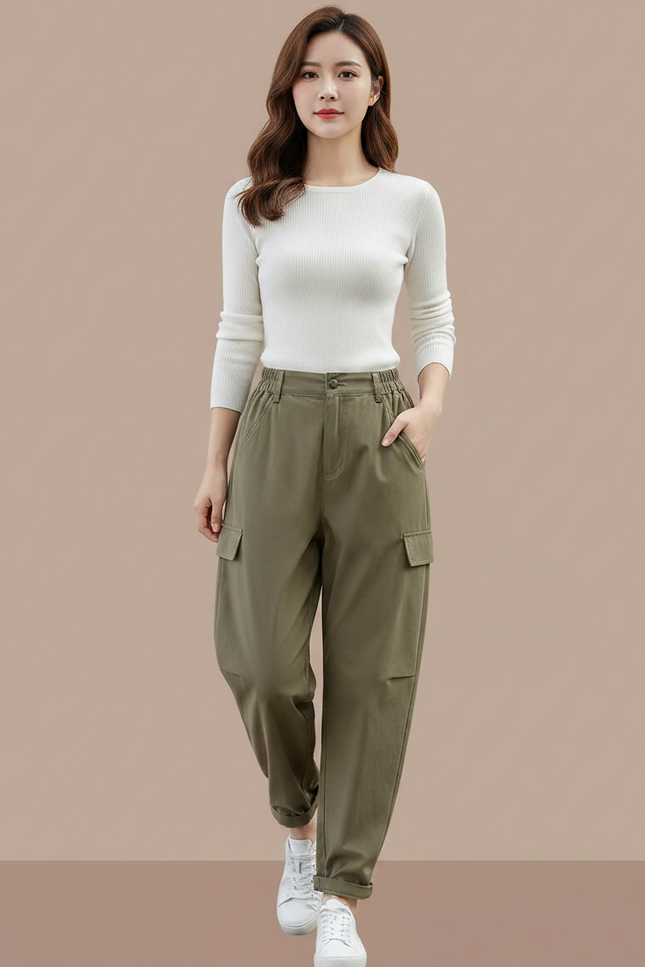 Pantalon Parachute Kaki Cargo Ample Femme Décontracté - Toile