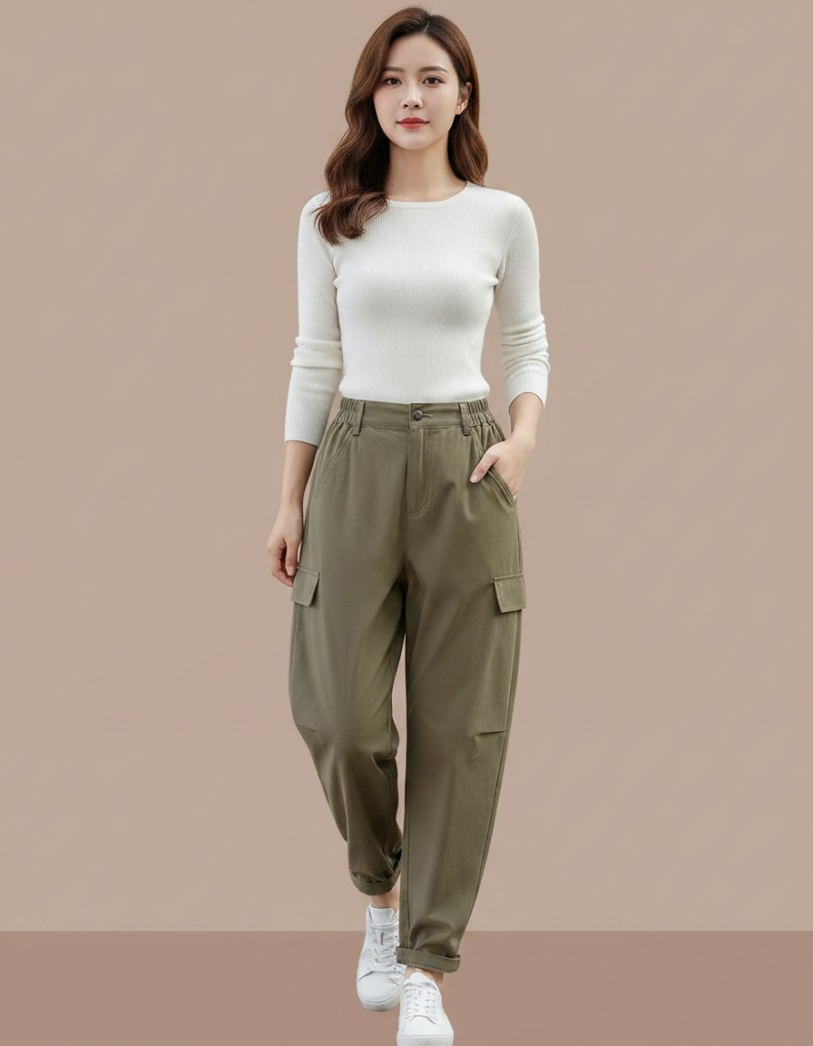 Pantalon Parachute Kaki Cargo Ample Femme Décontracté - Toile