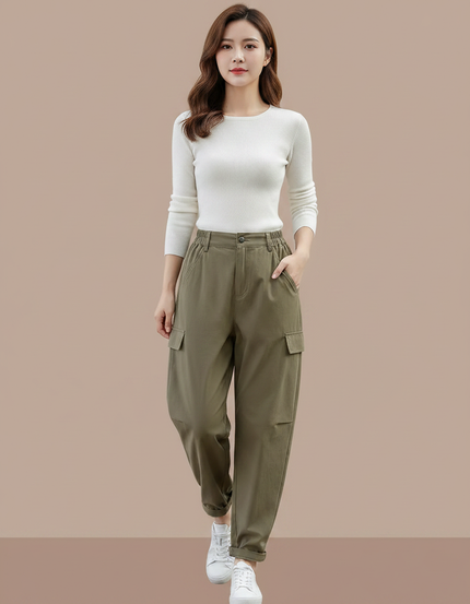 Pantalon Parachute Kaki Cargo Ample Femme Décontracté - Toile