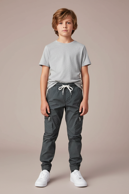 Pantalon Parachute Gris Cargo Zippé Sport Enfant - Polyester