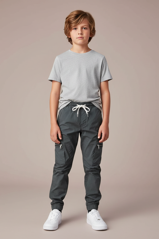 Pantalon Parachute Gris Cargo Zippé Sport Enfant - Polyester
