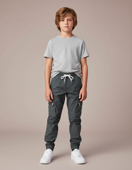Pantalon Parachute Gris Cargo Zippé Sport Enfant - Polyester