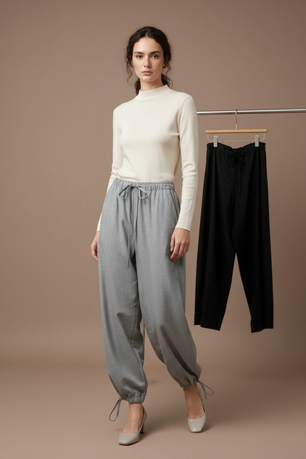 Pantalon Parachute Gris Ample Cordon Élégant Femme - Gabardine