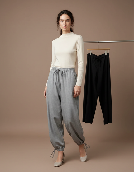 Pantalon Parachute Gris Ample Cordon Élégant Femme - Gabardine