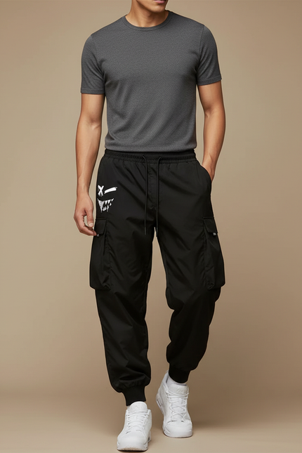 Pantalon Parachute Noir Ample Graphique Cargo Homme - Polyester