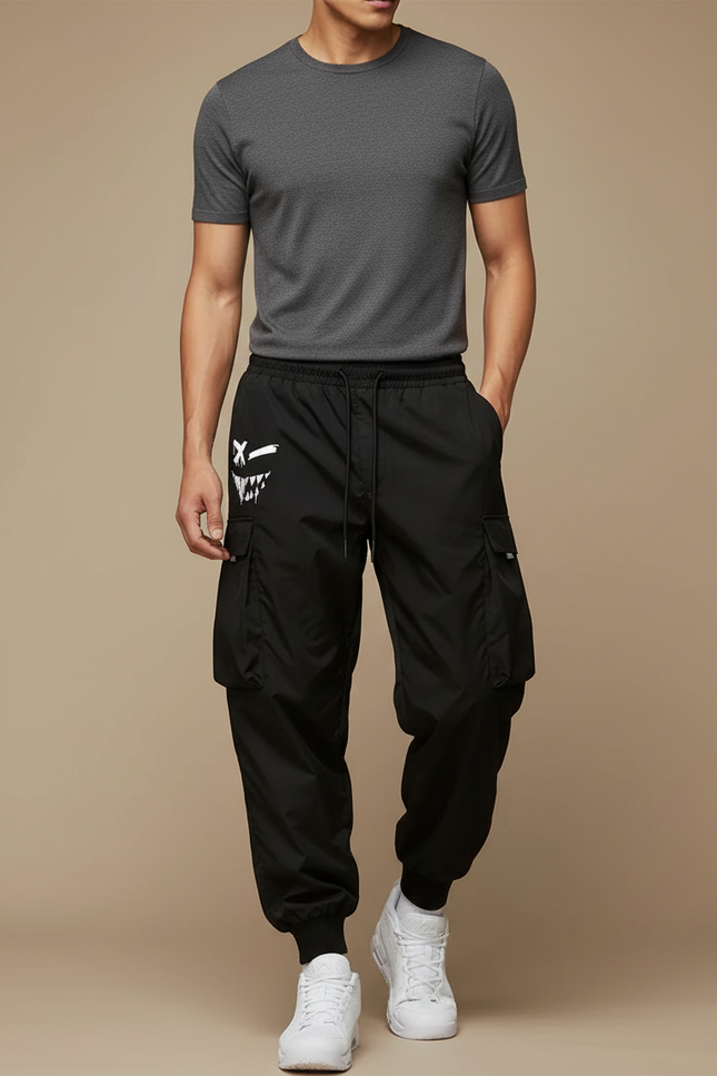 Pantalon Parachute Noir Ample Graphique Cargo Homme - Polyester