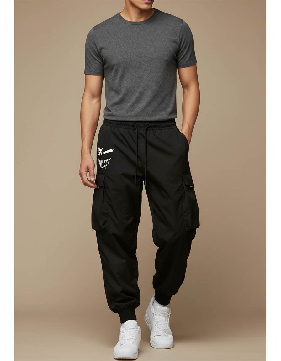 Pantalon Parachute Noir Ample Graphique Cargo Homme - Polyester