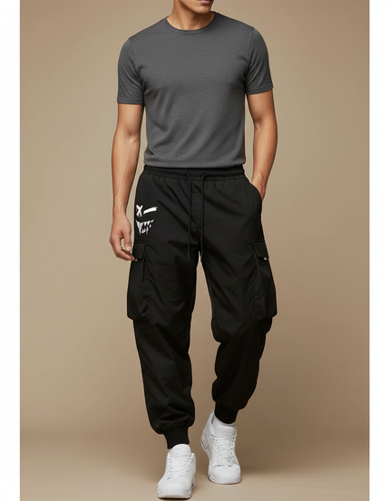 Pantalon Parachute Noir Ample Graphique Cargo Homme - Polyester