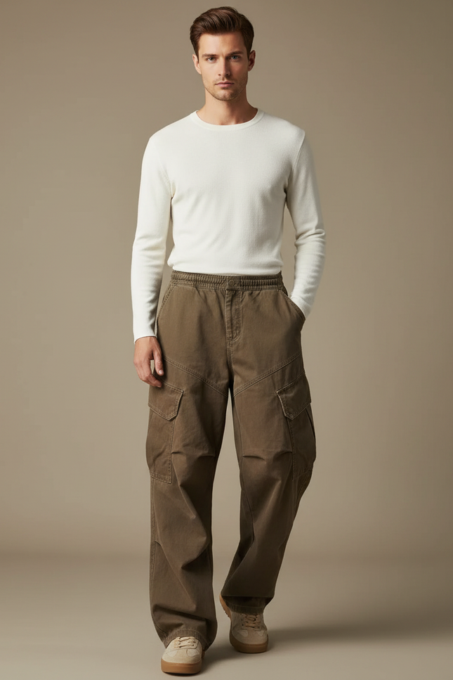 Pantalon Parachute Kaki Ample Baggy Coton Homme - Toile