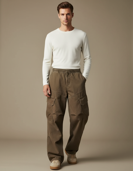 Pantalon Parachute Kaki Ample Baggy Coton Homme - Toile