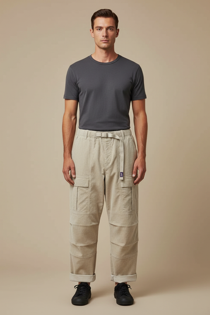 Pantalon Parachute Beige Côtelé Cargo Ample Homme - Cordé