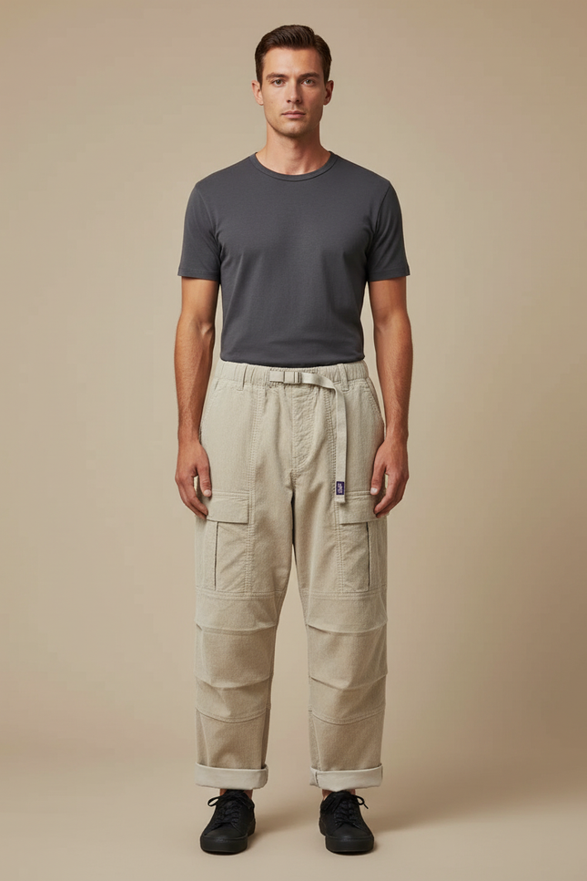 Pantalon Parachute Beige Côtelé Cargo Ample Homme - Cordé