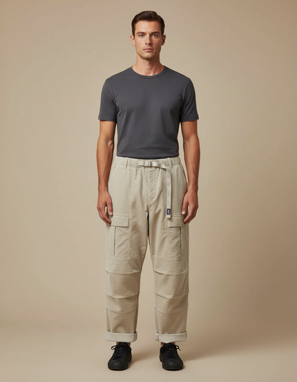 Pantalon Parachute Beige Côtelé Cargo Ample Homme - Cordé
