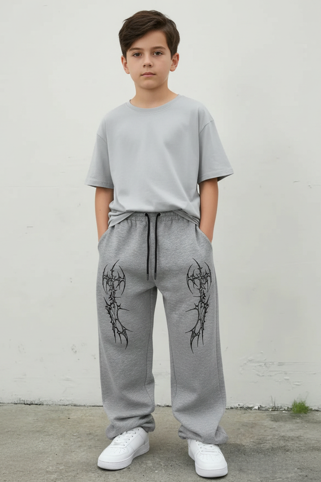 Pantalon Parachute Gris Ample Streetwear Garçon Imprimé - Molleton