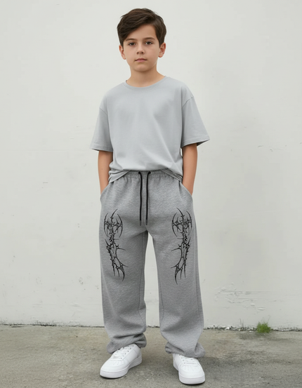 Pantalon Parachute Gris Ample Streetwear Garçon Imprimé - Molleton