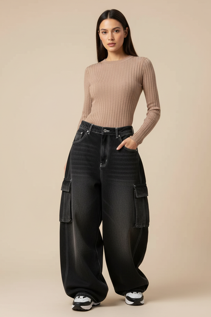 Pantalon Parachute Noir Délavé Ample Cargo Denim Femme - Jean