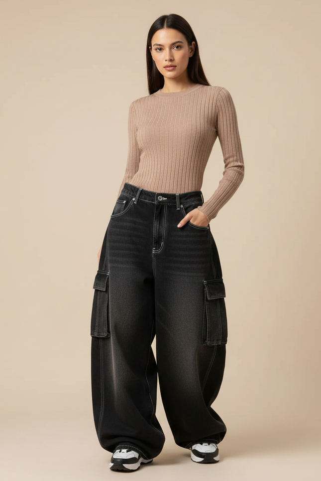Pantalon Parachute Noir Délavé Ample Cargo Denim Femme - Jean