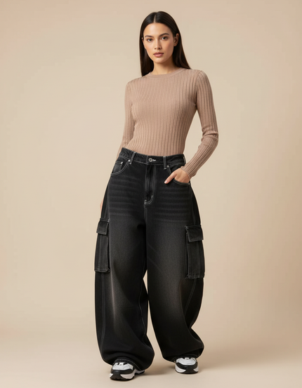 Pantalon Parachute Noir Délavé Ample Cargo Denim Femme - Jean