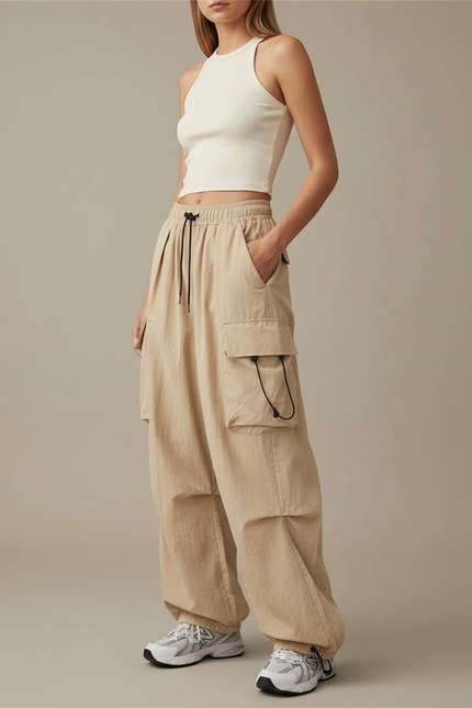 Pantalon Parachute Femme Beige Cargo - Polyester