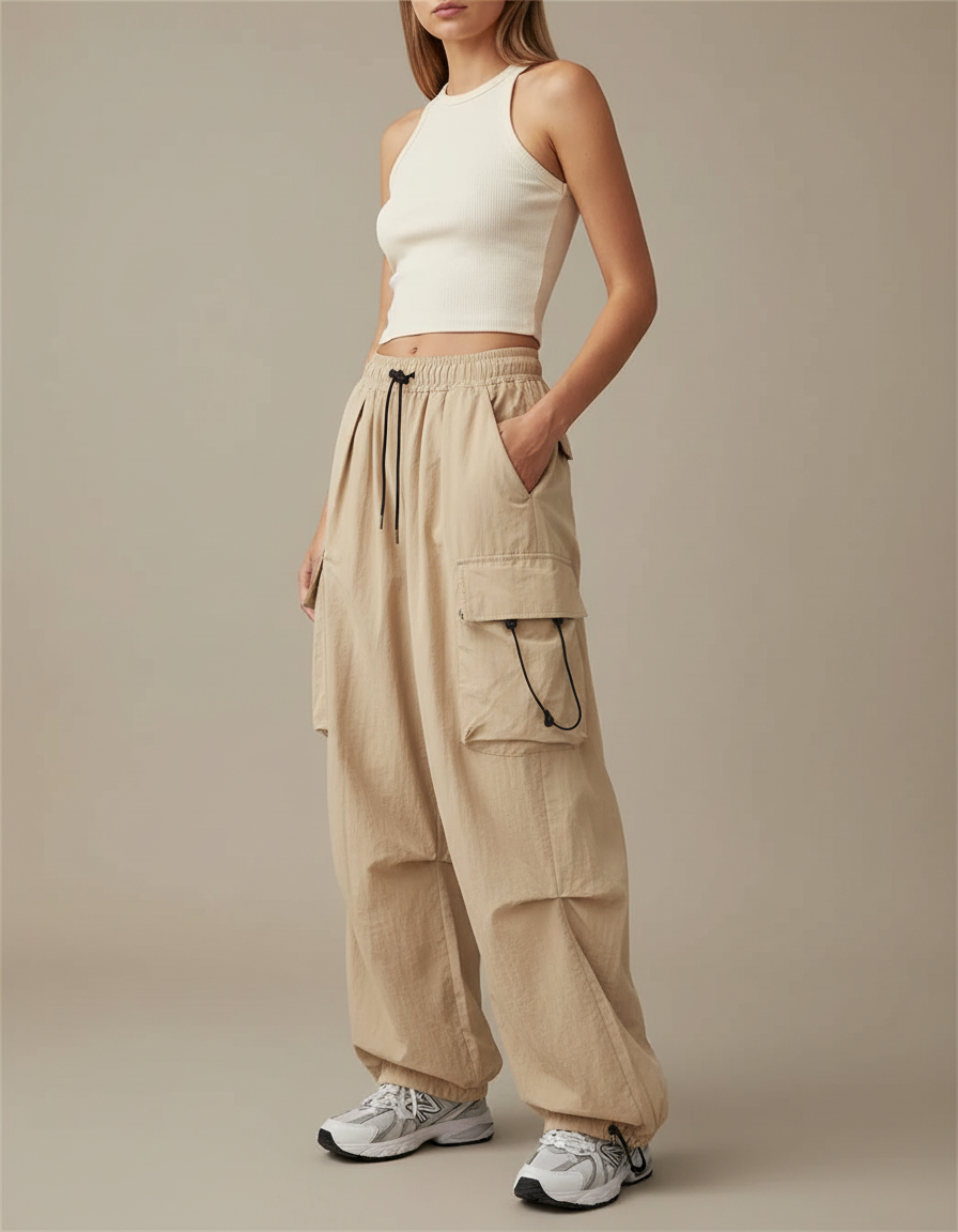 Pantalon Parachute Femme Beige Cargo - Polyester
