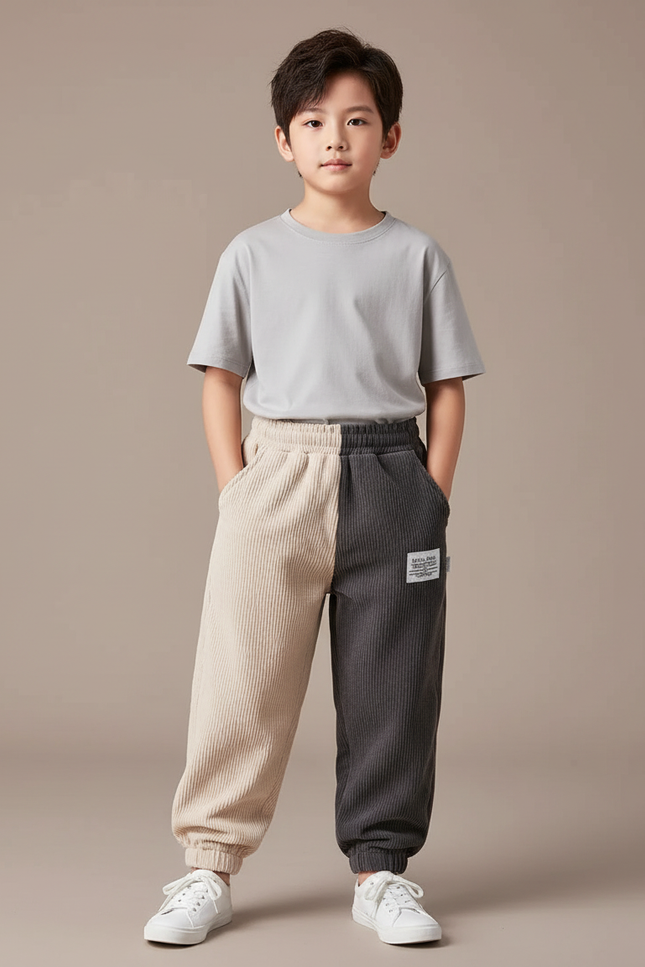 Pantalon Parachute Côtelé Bicolore Ample Décontracté Garçon - Multicolore Cordé