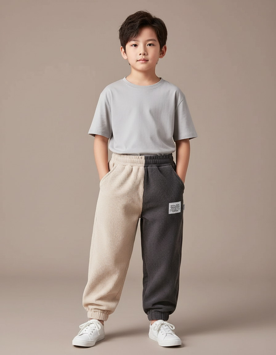 Pantalon Parachute Côtelé Bicolore Ample Décontracté Garçon - Multicolore Cordé