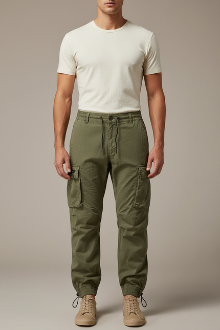 Pantalon Parachute Vert Cargo Cordon Jogger Homme - Kaki Toile