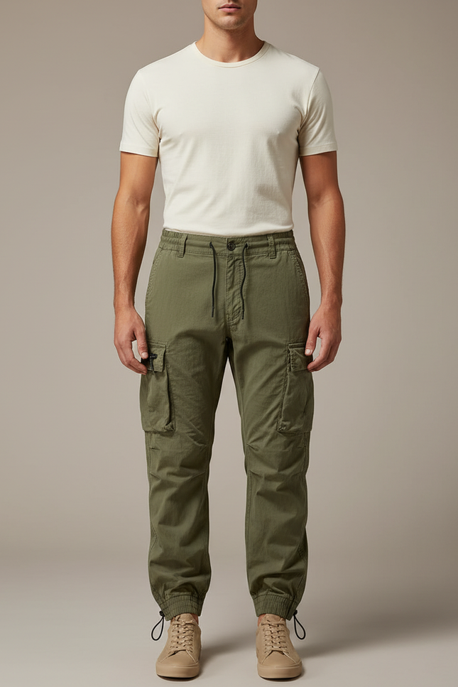 Pantalon Parachute Vert Cargo Cordon Jogger Homme - Kaki Toile