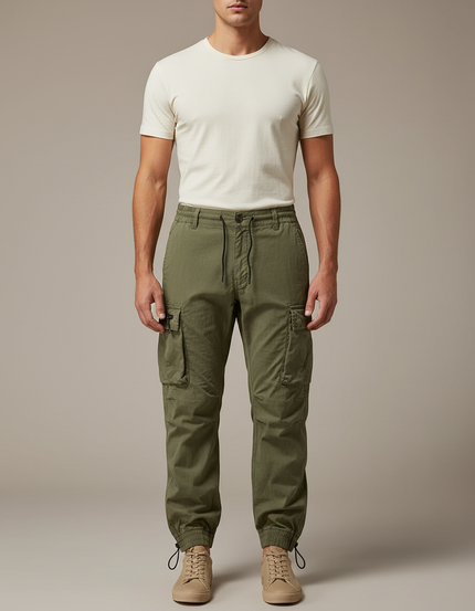 Pantalon Parachute Vert Cargo Cordon Jogger Homme - Kaki Toile