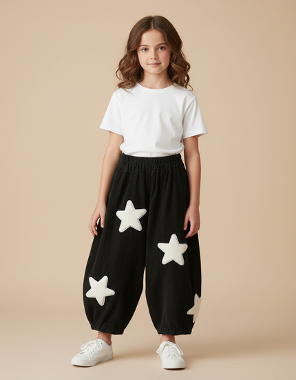 Pantalon Parachute Noir Ample Étoiles Hiver Enfant - Cordé