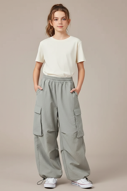 Pantalon Parachute Gris Ample Cargo Fille Décontracté - Polyester