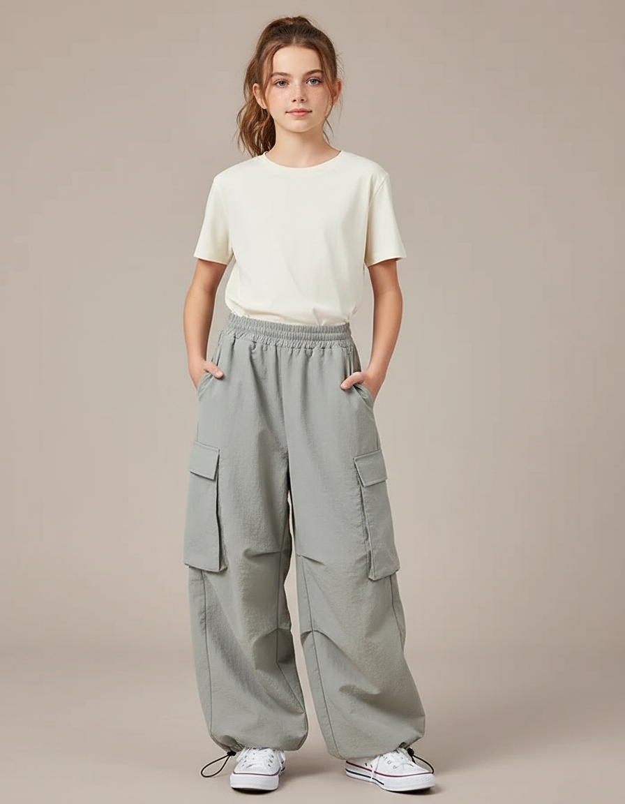 Pantalon Parachute Gris Ample Cargo Fille Décontracté - Polyester