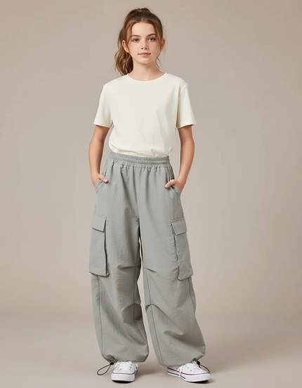 Pantalon Parachute Gris Ample Cargo Fille Décontracté - Polyester