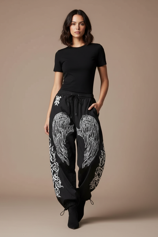 Pantalon Parachute Noir Ample Ailes Blanches Y2K Femme - Polyester