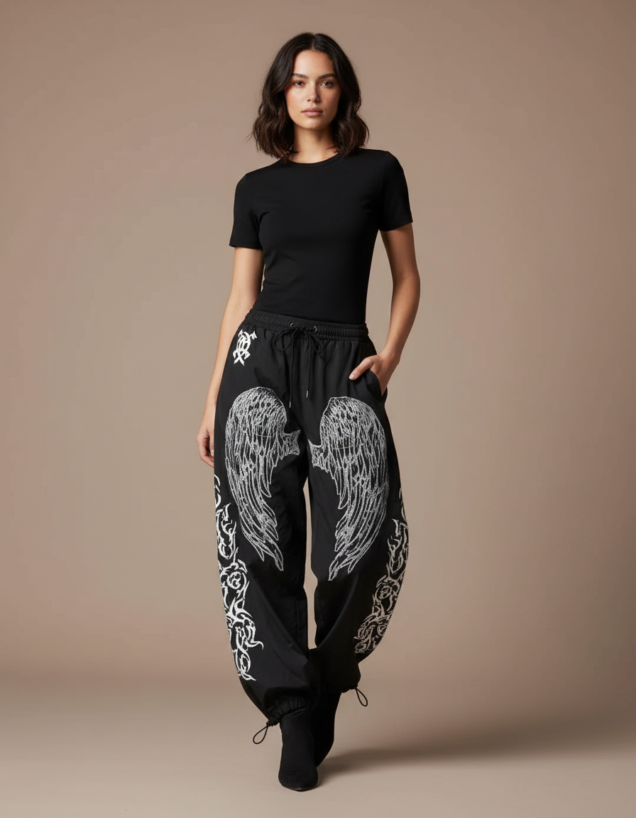 Pantalon Parachute Noir Ample Ailes Blanches Y2K Femme - Polyester