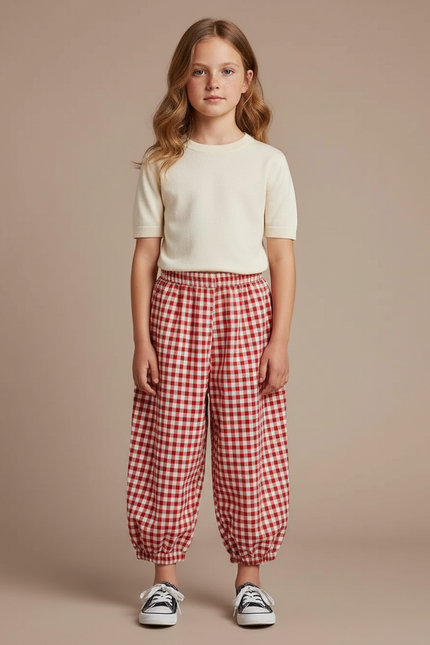 Pantalon Parachute Vichy Rouge Coton Ample Fille