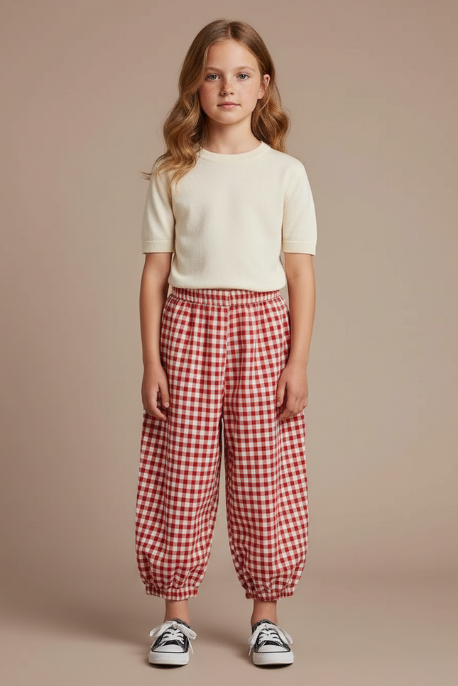 Pantalon Parachute Vichy Rouge Coton Ample Fille