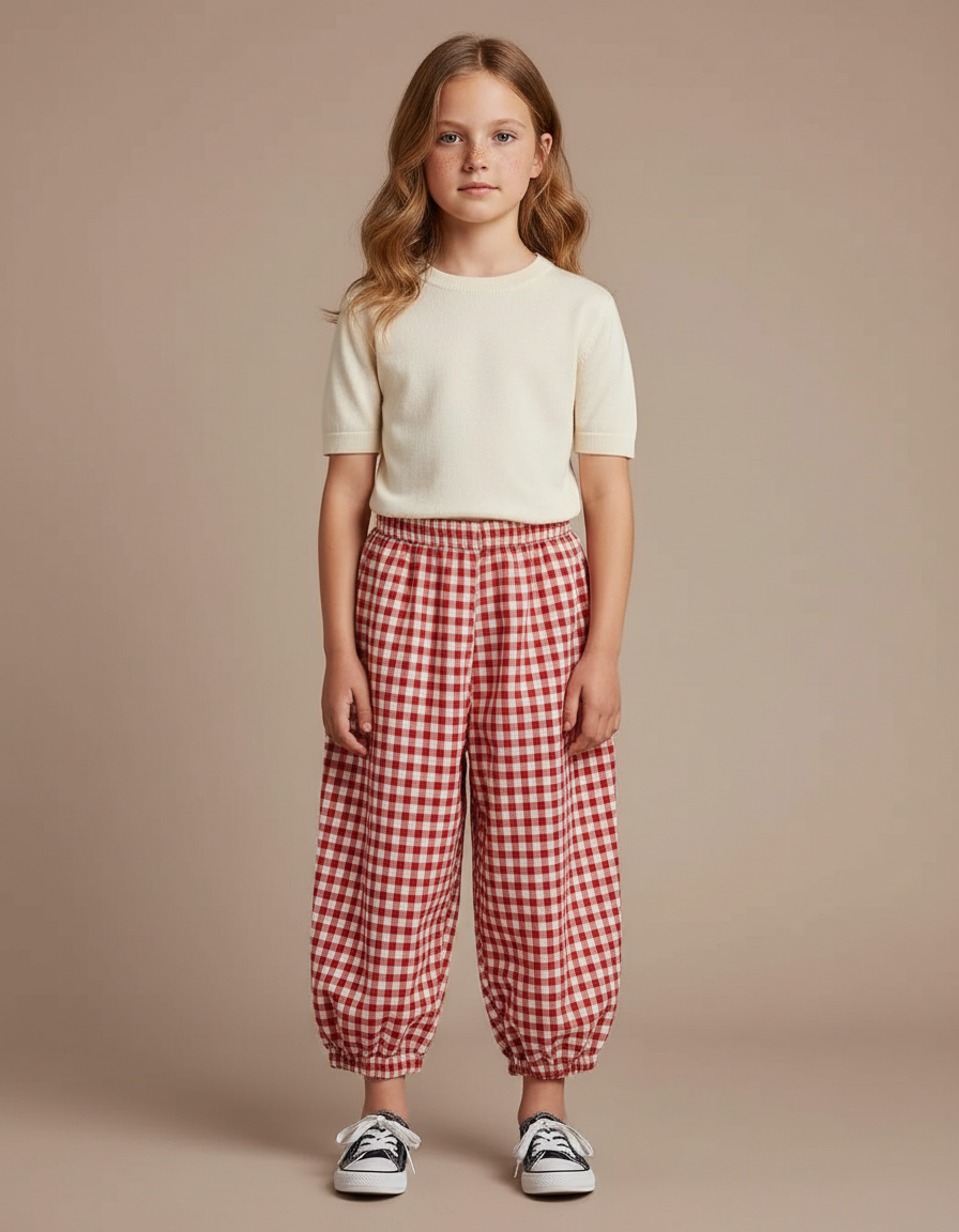 Pantalon Parachute Vichy Rouge Coton Ample Fille